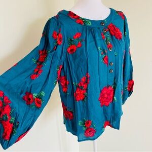 Maeve NWT Anthropologie S Teal Red Floral Peasant Blouse Prairie Cottage Boho